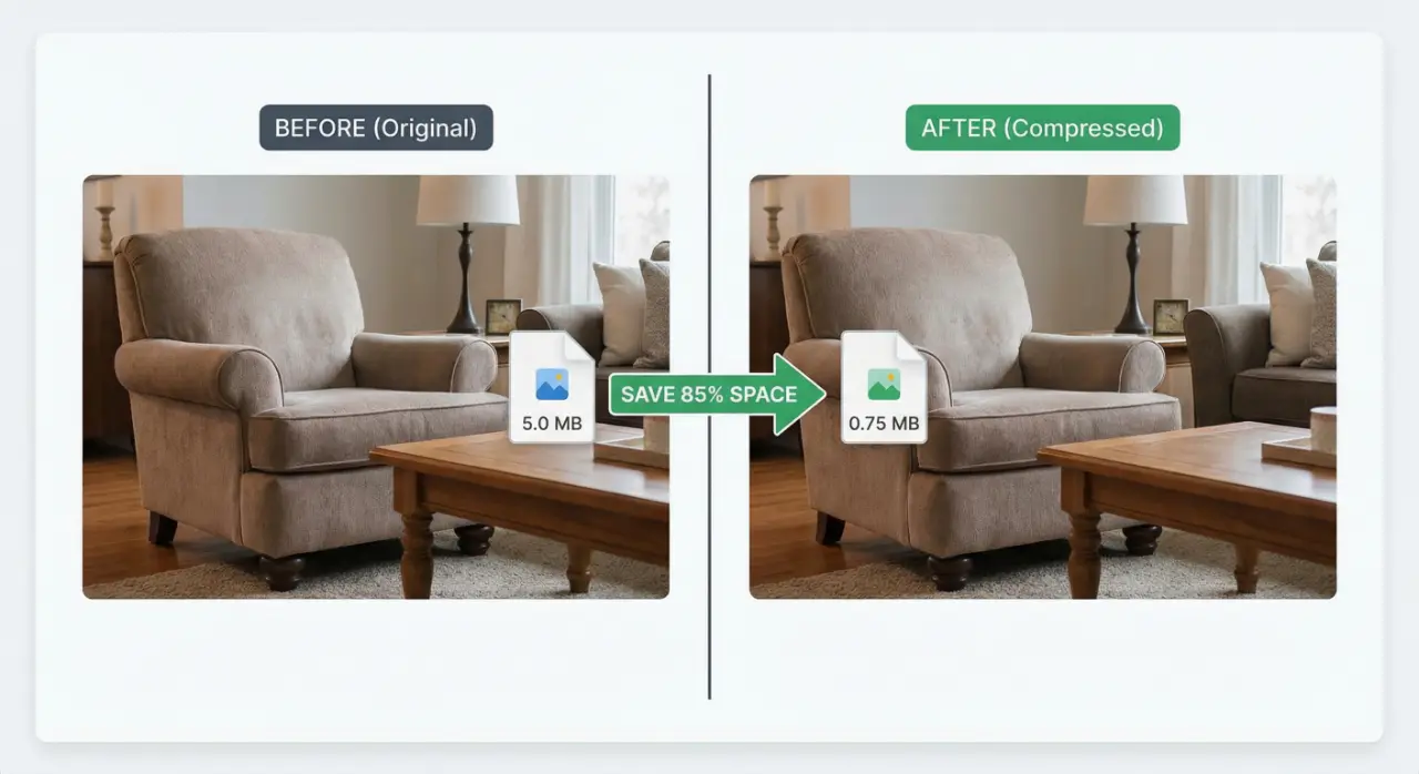 Smart image compression dashboard showing file size reduction with WebP and AVIF format conversion for faster page load times