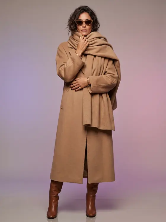 Five separate apparel SKUs — overcoat, scarf, sunglasses, bracelet and boots — composed into a single styled look