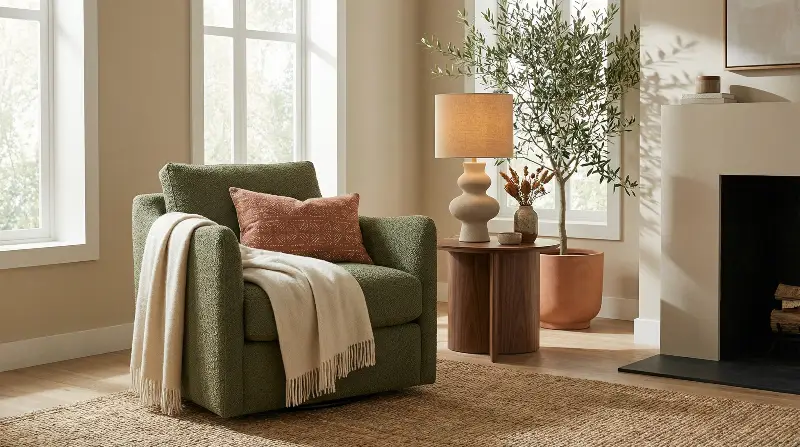 Multi-product scene composition showing multiple furniture items arranged in cohesive room setting with realistic lighting